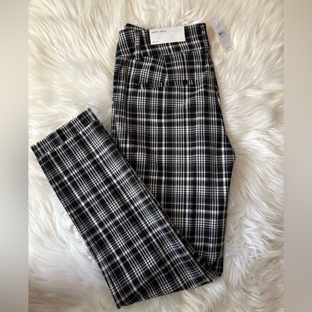 Loft Women Black and White Plaid Pants